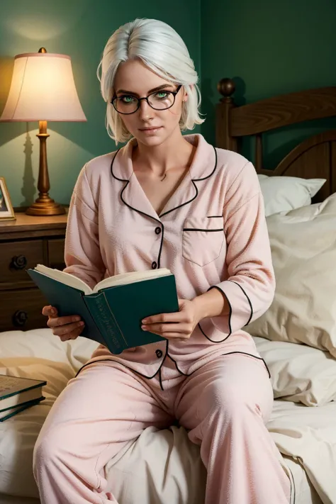 ciriW3_soul3142, 1girl, pajamas, reading, book, cozy, bedroom, lamp, green eyes, white hair, (scar across eye:1.1), glasses, masterpiece, best quality, intricate details, <lora:ciriW3-08b:0.6>, <lora:detail_slider_v4:0.7>