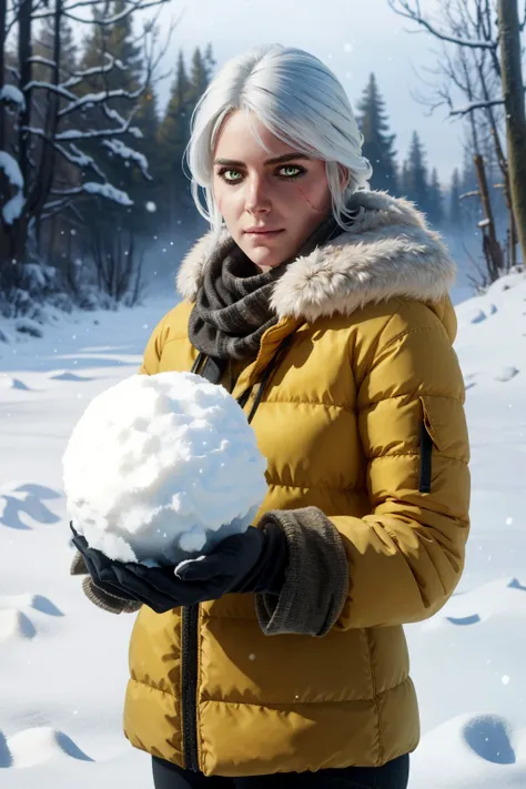 ciriW3_soul3142, 1girl, green eyes, white hair, (scar across eye), winter clothes, cowboy shot, snow, holding snowball, winter, masterpiece, best quality, intricate details, <lora:ciriW3-08b:0.65>, <lora:detail_slider_v4:0.7>