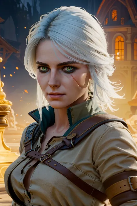 ciriW3_soul3142, 1girl, green eyes, white hair, scar across eye, looking at viewer, cowboy shot, magic, fantasy, glow, mystical, masterpiece, best quality, intricate details, <lora:ciriW3-08b:0.6>, <lora:detail_slider_v4:0.7>