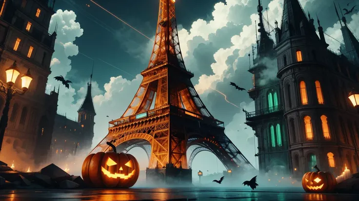 masterpiece , 8k perfect quality, awarded painting of eiffel tower hiting by thunder, night foto, thunder lights, ultradetailed, realistic city landscape , magic vibe <lora:halloweenTech-20:0.7> halloweentech , scifi, supernatural green, thunder hit eiffel tower