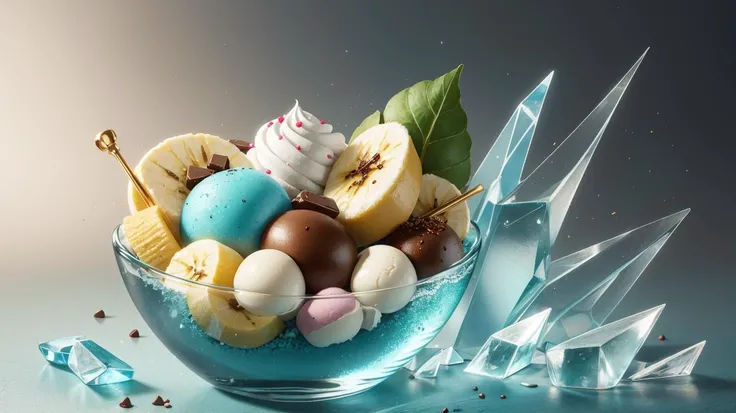 masterpiece , 8k perfect quality, awarded painting of coup of ice cream, crystals , green glass, <lora:ral-3dwvz-sd15:0.65> ral-3dwvz tasty bananas and ice creams and chocolate in green glass