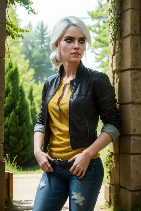 ciriW3_soul3142, 1girl, green eyes, white hair, scar across eye, hair bun, jacket, jeans, science fiction, fantasy, dark, looking to the side, masterpiece, best quality, intricate details, <lora:ciriW3-08b:0.6>, <lora:detail_slider_v4:0.7>