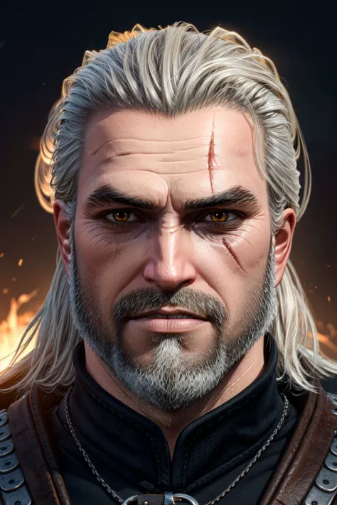 <lora:geraltW3-09a:0.6>, geralt_soul3142, slit pupils, facial hair, scar across eye, portrait, beard, <lora:add_detail:0.5>,