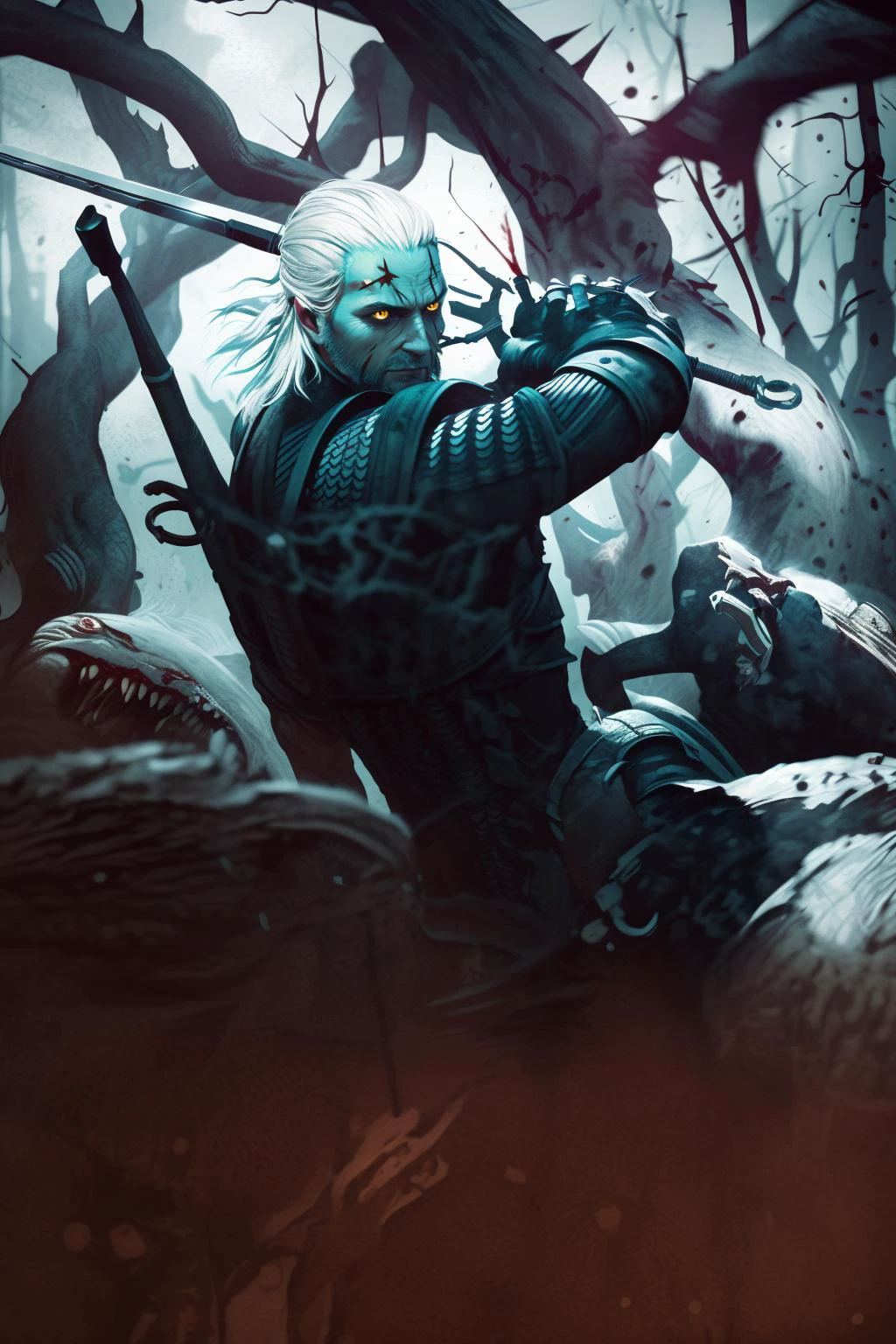 geralt_soul3142,1man,beard,yellow eyes,white hair,armor,chainmail,<lora:geraltW3:0.7>,masterpiece,best quality,ultra-detailed,realistic,Style-EMCG,fcNeg,absurdres,Create an intense action scene in a dark,eerie forest. A strong,battle-hardened warrior with long,silver hair and glowing,intense eyes is in the middle of a fight. He wears dark armor with a sword drawn,swinging it at terrifying zombie-like monsters attacking him from all sides. The monsters are grotesque,with decaying skin and glowing eyes. The atmosphere is dark,foggy,and filled with tension,with splashes of blood and shadows adding to the haunting mood. The overall color palette is cold and muted,emphasizing the grim and dangerous setting,with flashes of dynamic movement showing the warriorâs skill and ferocity.,