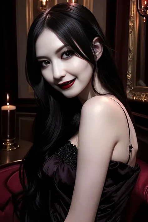 cinematic, dark fantasy, A __hairstyle__ modern bewitching vampire lady is seductive smiling in a dark mood venue, (fangs:1.3), pale skin, long nose, OverallDetail, <lora:JapaneseDollLikeness_v15:0.8>