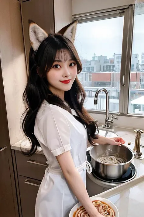 cinematic, A __hairstyle__ beautiful fox idol girl is smiling in a kitchen of an apartment, slim face, long nose, no make up, no nail, double eyelids, (dropping eyes:1.23, clear eyes, symmetrical eyes), instant udon noodle, OverallDetail, <lora:JapaneseDollLikeness_v15:1>