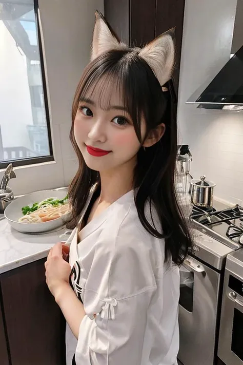 cinematic, A __hairstyle__ beautiful fox idol girl is smiling in a kitchen of an apartment, slim face, long nose, no make up, no nail, double eyelids, (dropping eyes:1.23, clear eyes, symmetrical eyes), instant udon noodle, OverallDetail, <lora:JapaneseDollLikeness_v15:1>