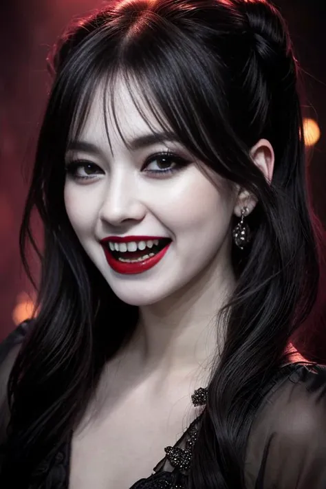 cinematic, dark fantasy, A __hairstyle__ modern bewitching vampire lady is laughing crucially in a dark mood dance party, (fangs:1.3), pale skin, long nose, OverallDetail, <lora:JapaneseDollLikeness_v15:0.8>