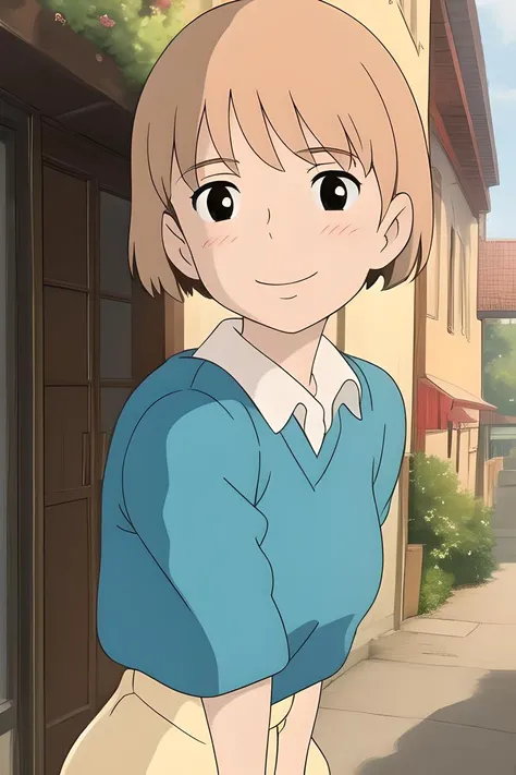 ((best quality)), ((masterpiece)), (detailed),
1girl,shirt, upper body, smile, greeting, blushing, street
<lora:Miyazaki:0.85>,miyazaki hayao ,