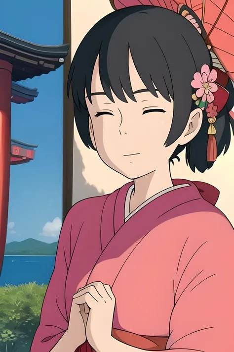 ((best quality)), ((masterpiece)), (detailed),
1girl,Kimono, making a wish with crossed hands, Japanese style, temple, facing viewer, eyes closed,
<lora:Miyazaki:0.85>,miyazaki hayao ,