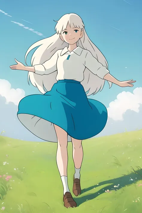 ((best quality)), ((masterpiece)), (detailed),
1girl,shirt, full body, white hair, long hair,cyan skirt , smile, greeting,sky, prairie ,Covering the skirt with both hands, the skirt is blown by the wind
<lora:Miyazaki:0.85>,miyazaki hayao ,