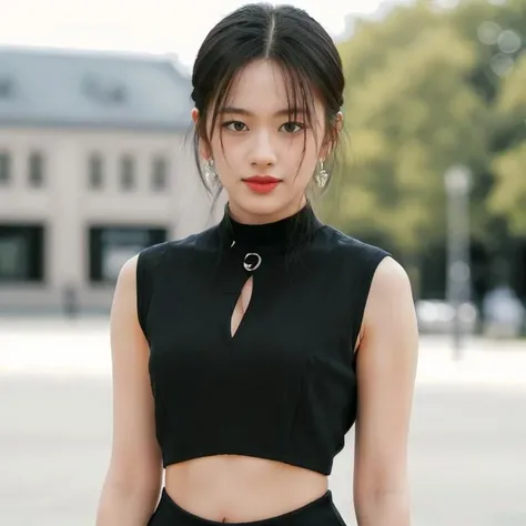a woman, natural skin color, masterpiece, best quality, photorealistic, hyper realistic, ultra detailed, perfect lighting, depth of field, shadows, Nikon RAW photo, 8k, Fujifilm XT3, midriff, portrait:1.2, (black dress), (at the park), <lora:httpyujin:0.85>