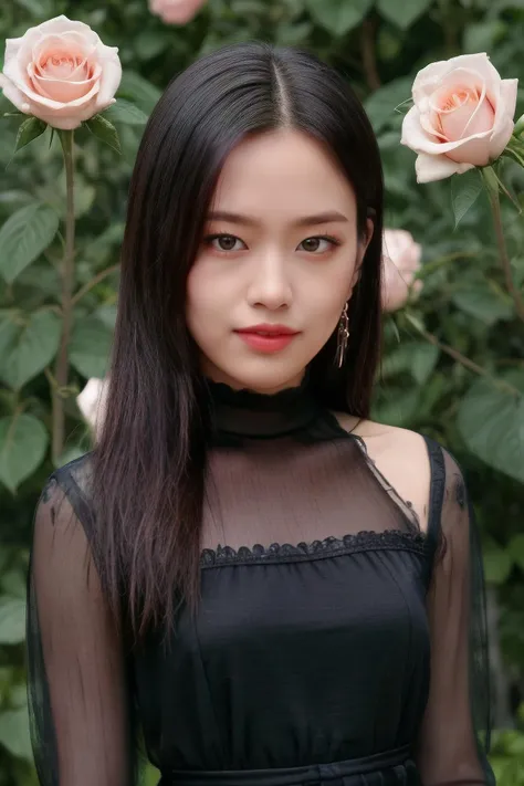 ayj1 a woman, (realistic), (hyperrealism), (photorealistic), depth of field, adult, (upper body:1.2), ((narrow waist:1.2)), eye makeup:0.5, looking at the viewer, portrait photo, black sleeved dress, at the rose garden, <lora:httpyujin:0.35>