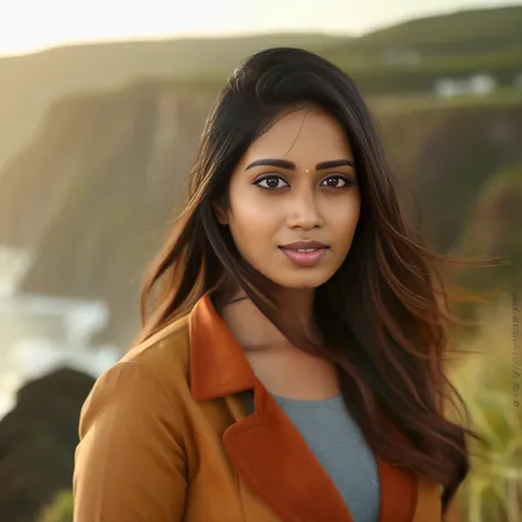 NivethaPethuraj, portrait,close up of a Girl, wearing Amber Chesterfield coat, hillside and beach, Smoky Conditions, Sun Rays, <lora:NivethaPethurajSDXL:1>