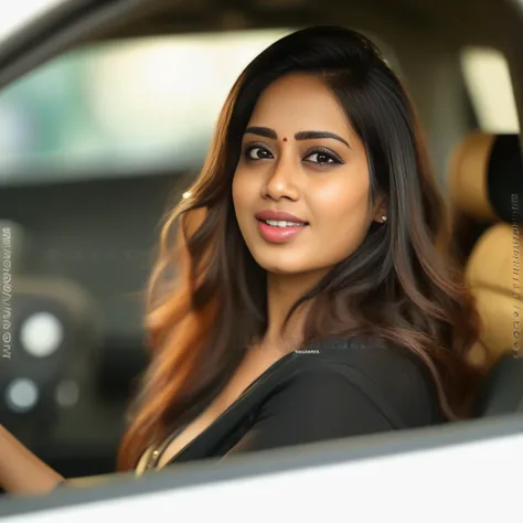 NivethaPethuraj, portrait,close up of a Snug Voluminous Female driving a Honda, Visionary hair, Comb-over hairstyle, Lip Ring, Technopunk, Selective focus, <lora:NivethaPethurajSDXL:1>