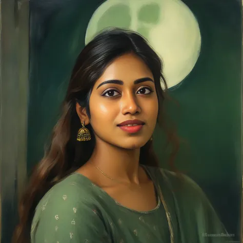 NivethaPethuraj, portrait,close up of a Skilled Iraqi (Girl:1.1) , Rowing, Adorable hair styled as Mullet, from inside of a Church, Moon in the night, deep focus, Happy, moody lighting, dark green sky, halation, (art by Vanessa Bell:1.2) ,art by Cecil Beaton, <lora:NivethaPethurajSDXL:1>