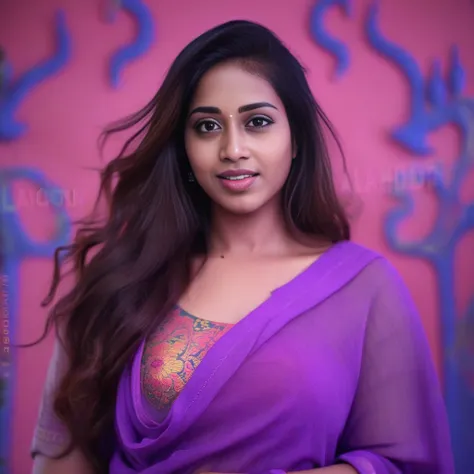 NivethaPethuraj, [ (art by Gary Hume:1.1) ,art by Thomas Lawrence::10], portrait,close up of a Noxious Female, wearing Magic fluorescent purple Capri pants, flora, deep focus, in the style of Laocoön,  <lora:NivethaPethurajSDXL:1>