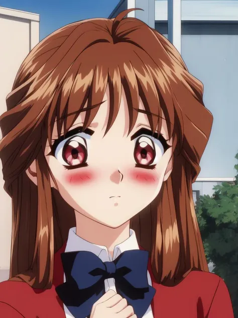 <lora:Minamizato_Ai:0.8>MinamizatoAi, 1girl, solo, brown hair, blush, bow, long hair, red eyes, school uniform, bowtie, outdoors, day, jacket, blue bow, blazer, retro artstyle, red jacket, black bow, 1990s (style), closed mouth, close-up,
masterpiece, high quality, very_high_resolution, large_filesize, full color, home in the room,