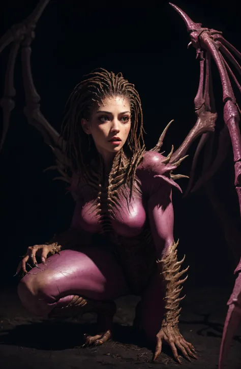 official art, unity 8k wallpaper, ultra detailed, beautiful and aesthetic, beautiful, masterpiece, best quality, 1 girl, solo,(srkg, sarah_kerrigan,claws, wings, slender:1.4),(close up),(ultra detailed body:1.2),(crawling to the viewer),darkness background, , depth of field, <lora:A_Sarah_Kerrigan_Vlyc:0.85>,(front view),(cute:1.2),(looking at viewer:1.2), outdoor,hyper detailed, realistic skin texture,photorealistic, photo, masterpiece, realistic, realism, photorealism, high contrast, photorealistic digital art trending on Artstation 8k HD high definition, detailed realistic, detailed, skin texture, hyper detailed, realistic skin texture, best quality, ultra high res, (photorealistic:1.4), high resolution, detailed, raw photo, sharp, nikon d850 film stock photograph 4 kodak 400 camera f1.6 lens rich colors hyper realistic lifelike texture, unreal engine trending on artstation cinestill 800,