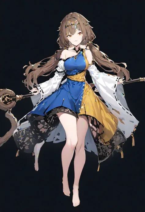 masterpiece, best quality, ultra-detailed, beautiful, nai3, 1girl, solo, full_body, tachi-e, 
son_biten, solo, 1girl, brown_hair, low_twintails, brown_eyes, smile, long_hair, red_eyes, dress, bare_shoulders, twintails, blue_dress, barefoot, tail, white_sleeves, single_strap, multicolored_clothes, circlet, monkey_tail, multicolored_dress, sleeveless_dress, single_sleeve, single_detached_sleeve, ruyi_jingu_bang, single-shoulder_dress, green_dress, yellow_dress, bare_shoulder, wide_sleeves, detached_sleeves, single_shoulder_dress, holding_staff, :3, sleeveless,