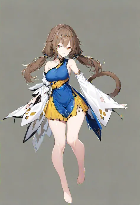 masterpiece, best quality, ultra-detailed, beautiful, nai3, 1girl, solo, full_body, tachi-e, 
son_biten, solo, 1girl, brown_hair, low_twintails, brown_eyes, smile, long_hair, red_eyes, dress, bare_shoulders, twintails, blue_dress, barefoot, tail, white_sleeves, single_strap, multicolored_clothes, circlet, monkey_tail, multicolored_dress, sleeveless_dress, single_sleeve, single_detached_sleeve, ruyi_jingu_bang, single-shoulder_dress, green_dress, yellow_dress, bare_shoulder, wide_sleeves, detached_sleeves, single_shoulder_dress,