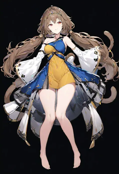 masterpiece, best quality, ultra-detailed, beautiful, nai3, 1girl, solo, full_body, tachi-e,
son_biten, solo, 1girl, brown_hair, low_twintails, brown_eyes, smile, long_hair, red_eyes, dress, bare_shoulders, twintails, blue_dress, barefoot, tail, white_sleeves, single_strap, multicolored_clothes, circlet, monkey_tail, multicolored_dress, sleeveless_dress, single_sleeve, single_detached_sleeve, ruyi_jingu_bang, single-shoulder_dress, green_dress, yellow_dress, bare_shoulder, wide_sleeves, detached_sleeves, single_shoulder_dress,