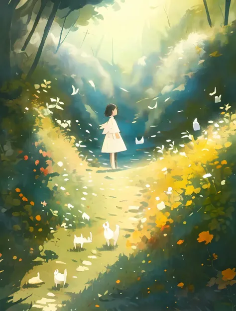 <lora:childbook_v1:1>,masterpiece,best quality,1girl,Little girl by the river,The sun shines down,A beautiful scene,A dreamy scene,There are small animals nearby,
