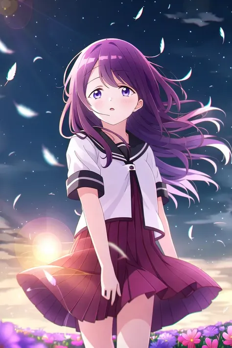 highres, high quality, 1girl, kubo nagisa, nanamori uniform, short sleeves, wind, flower, falling feathers, night, bokeh, lens flare, chromatic aberration