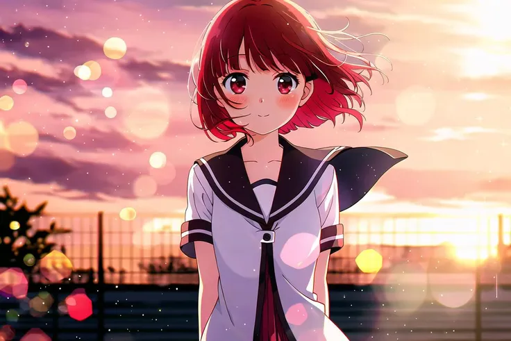 highres, high quality, 1girl, arima kana, nanamori uniform, short sleeves, blush, looking at viewer, standing, white flower, sunset, wind, bokeh, lens flare, chromatic aberration