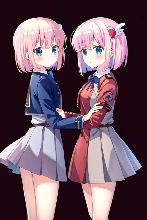 highres, high quality, 2girls, chiyoda momo, gotoh futari, lycoris uniform, blue dress, red dress, simple background, from side