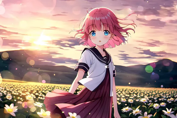 highres, high quality, 1girl, gotoh futari, nanamori uniform, short sleeves, blush, looking at viewer, standing, white flower, sunset, wind, bokeh, lens flare, chromatic aberration