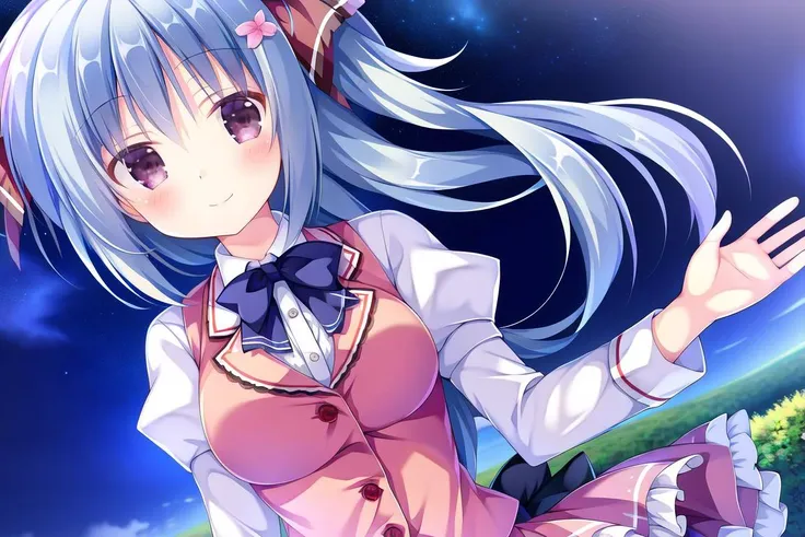 highres, high quality, 1girl, long hair, white hair, brown eyes, hair ribbon, school uniform, outdoors, night, night sky, dutch angle, smile, breasts, medium breasts