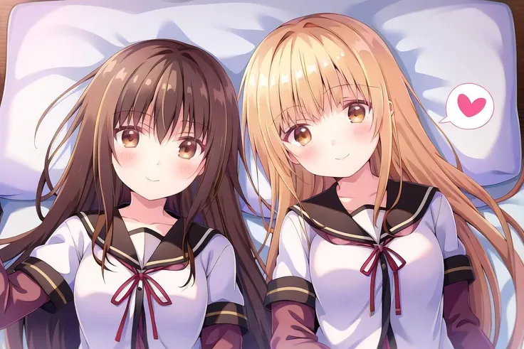 highres, high quality, 2girls, shiina mahiru, inoue takina, smile, nanamori uniform, lying, on bed, bedsheet, bedroom, camisole, spoken heart, brown eyes, purple eyes