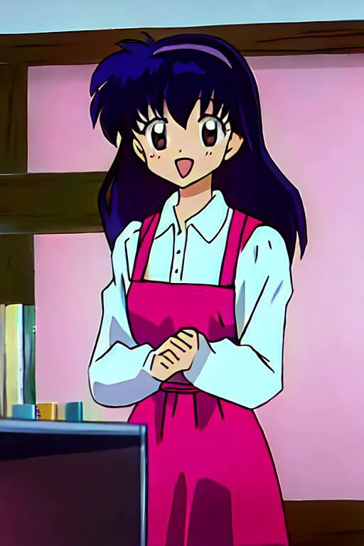 kagome, 1girl, solo, long_hair, looking_at_viewer, blush, smile, short_hair, open_mouth, bangs, black_hair, brown_eyes, stars_in_her_eyes, white_shirt, upper_body, :d, hairband, collared_shirt, apron, indoor, own_hands_together, pink_jacket, pink_hairband