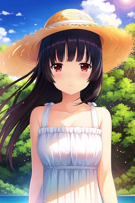 masterpiece, high quality, highres, 1girl, matsumoto rise, breasts, sundress, straw hat, wind, outdoors