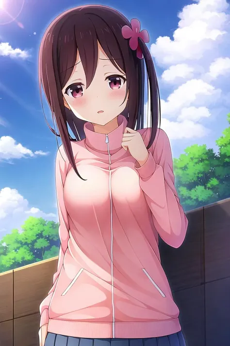 masterpiece, high quality, highres, 1girl, hitori bocchi, breasts, pink jacket, pleated skirt, outdoors