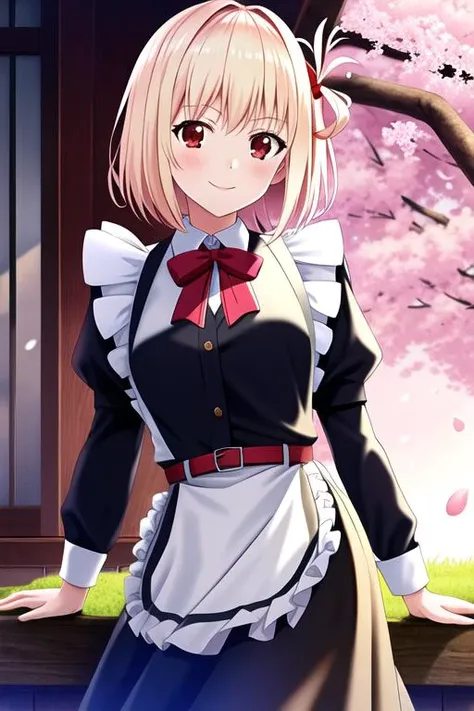 masterpiece, best quality, highres, game cg, 1girl, nishikigi chisato, smile, maid, arm behind back, outdoor, cherry blossoms
