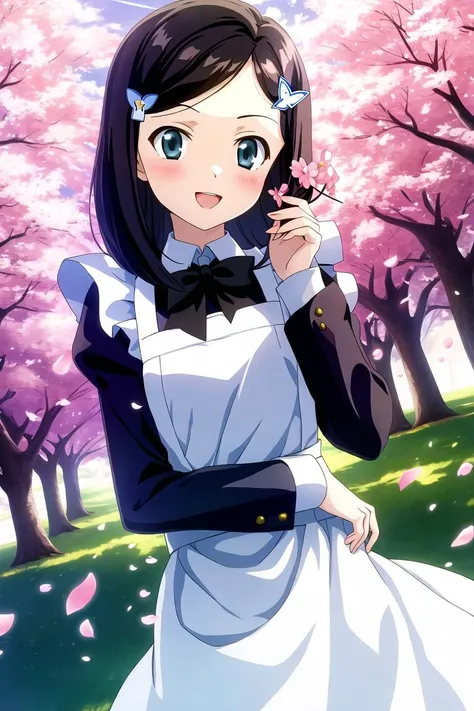 masterpiece, best quality, highres, game cg, 1girl, yamano mitsuha, maid, cherry blossoms, petals, flying petals, wind, upper body