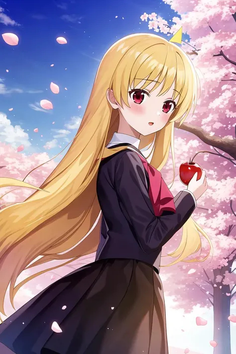 masterpiece, best quality, highres, game cg, 1girl, ijichi seika, cherry blossoms, petals, flying petals, wind