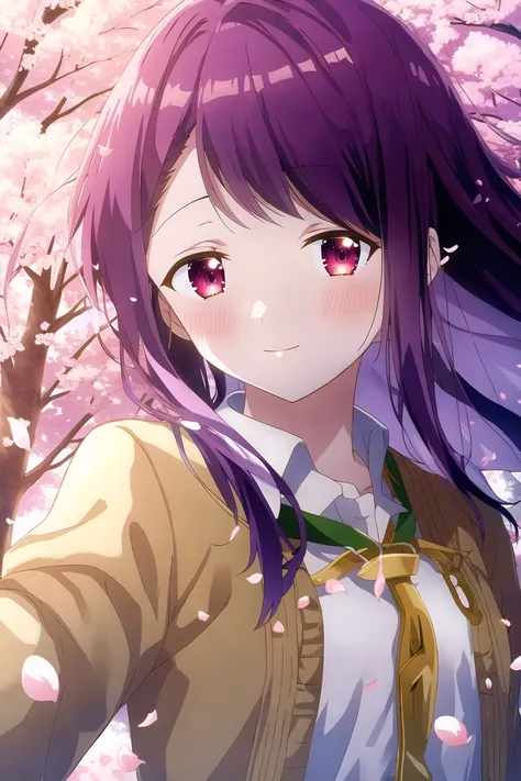 masterpiece, best quality, highres, game cg, 1girl, kubo nagisa, cherry blossoms, petals, flying petals, wind, upper body