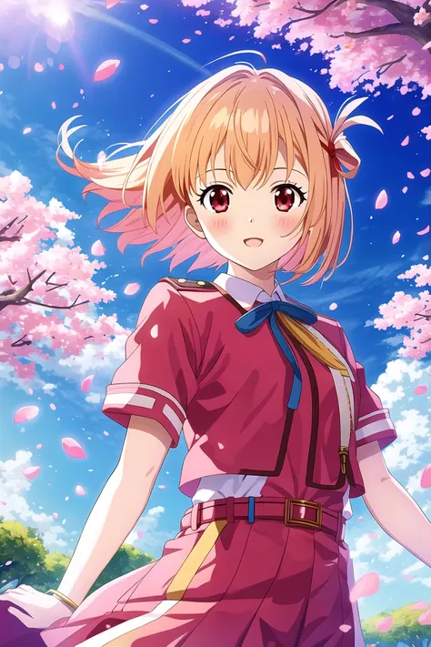 masterpiece, best quality, highres, game cg, 1girl, nishikigi chisato, lycoris uniform, cherry blossoms, petals, flying petals, wind, upper body