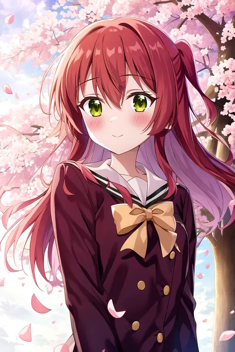 masterpiece, best quality, highres, game cg, 1girl, kita ikuyo, shuka high school uniform, cherry blossoms, petals, flying petals, wind, upper body