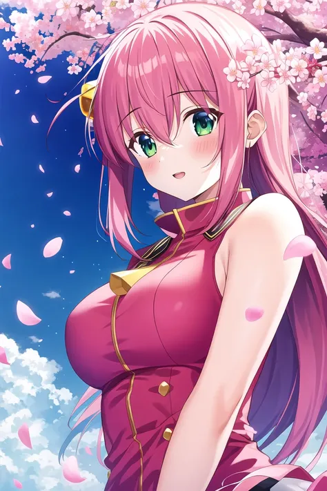 masterpiece, best quality, highres, game cg, 1girl, gotou hitori, cherry blossoms, petals, flying petals, wind, upper body