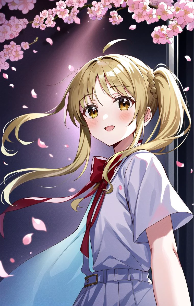 masterpiece, best quality, highres, game cg, 1girl,ijichi nijika, shuka high school uniform, cherry blossoms, petals, flying petals, wind, upper body