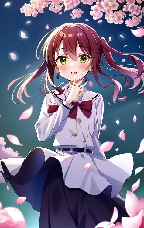 masterpiece, best quality, highres, game cg, 1girl, kita ikuyo, shuka high school uniform, cherry blossoms, petals, flying petals, wind, upper body