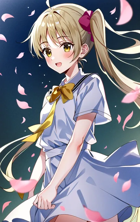 masterpiece, best quality, highres, game cg, 1girl,ijichi nijika, shuka high school uniform, cherry blossoms, petals, flying petals, wind, upper body
