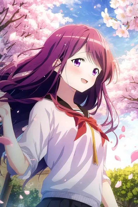 masterpiece, best quality, highres, game cg, 1girl, kubo nagisa, cherry blossoms, petals, flying petals, wind, upper body