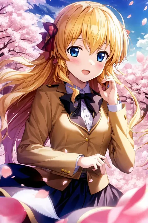 masterpiece, best quality, highres, game cg, 1girl, sendou erika, cherry blossoms, petals, flying petals, wind, upper body