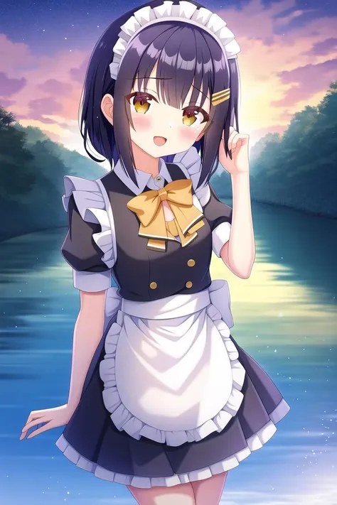 highres, 1girl, ashida kei, small breasts, maid, outdoors, sky, night, river,