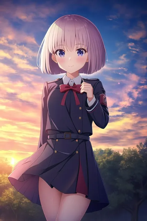 highres, 1girl, gotou futari, small breasts, red lycoris uniform, outdoors, sky, evening, sunset,